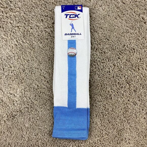 TCK Sports 2-n-1 Baseball Softball Stirrup Socks Mens L White Carolina Blue NWT - Picture 2 of 6